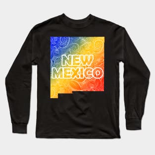 Colorful mandala art map of New Mexico with text in blue, yellow, and red Long Sleeve T-Shirt